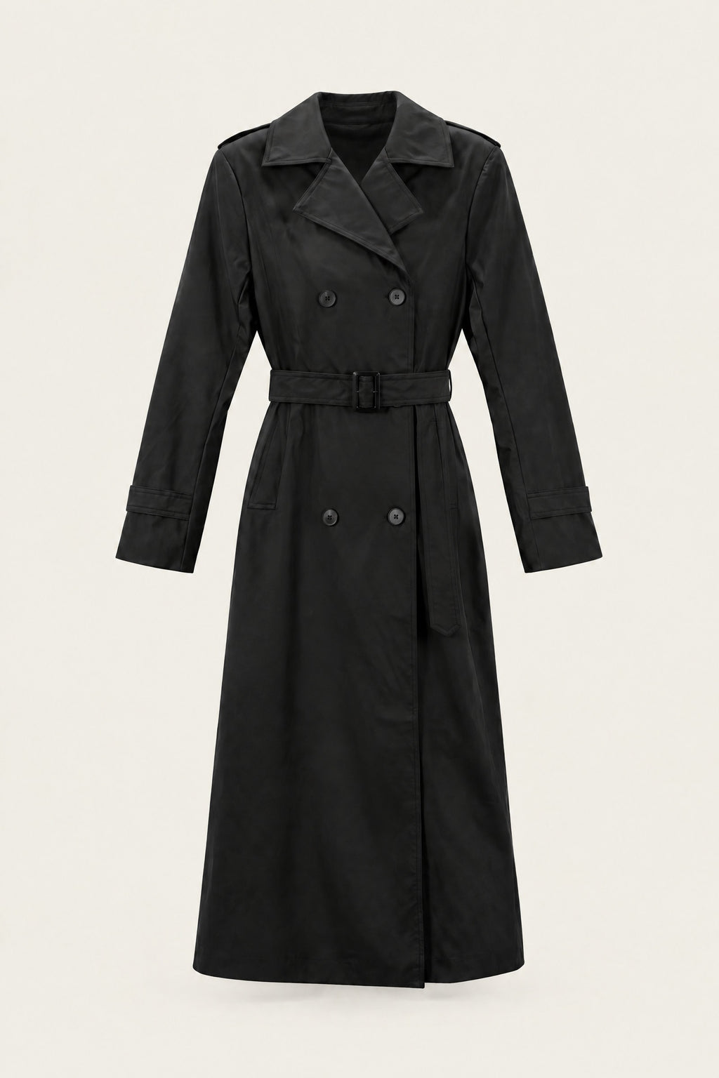 Trench long en similicuir – Noir – vue de face, fermé – EMORA