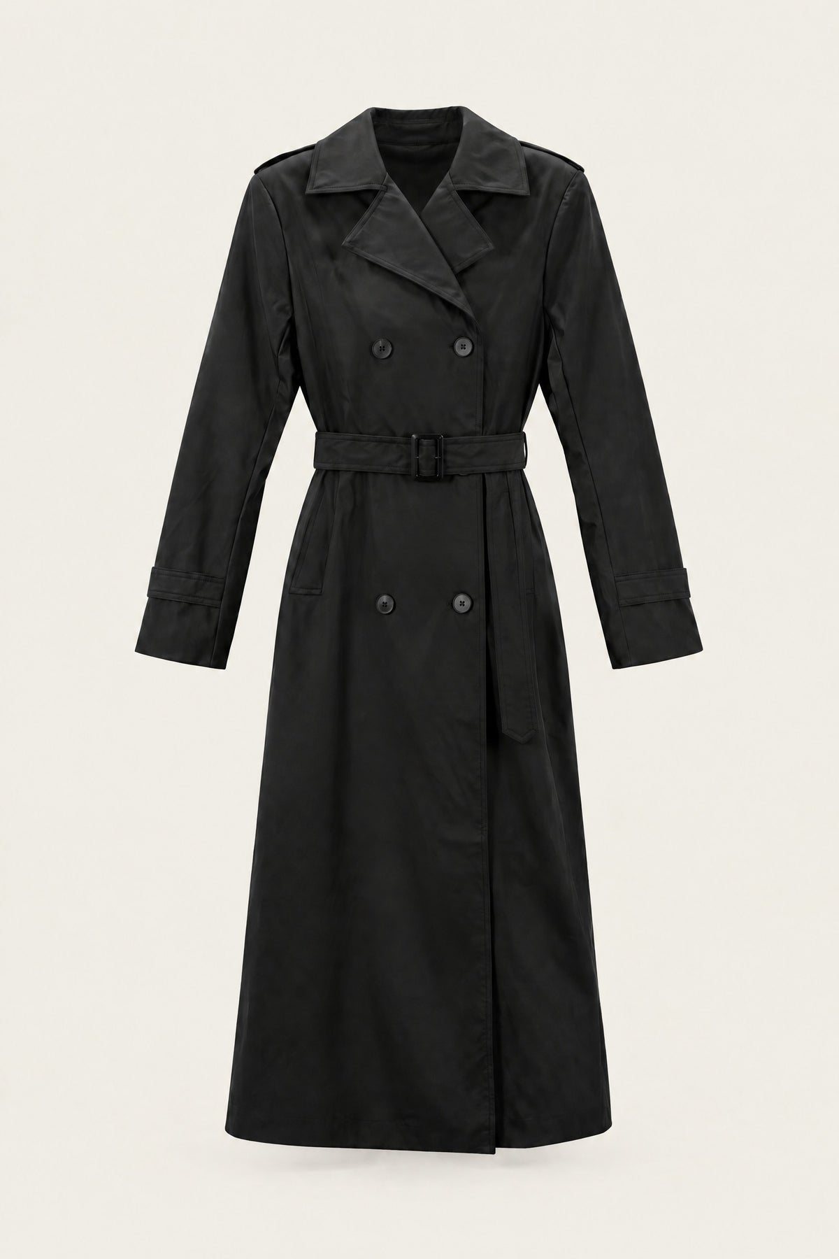 Trench long en similicuir – Noir – vue de face, fermé – EMORA