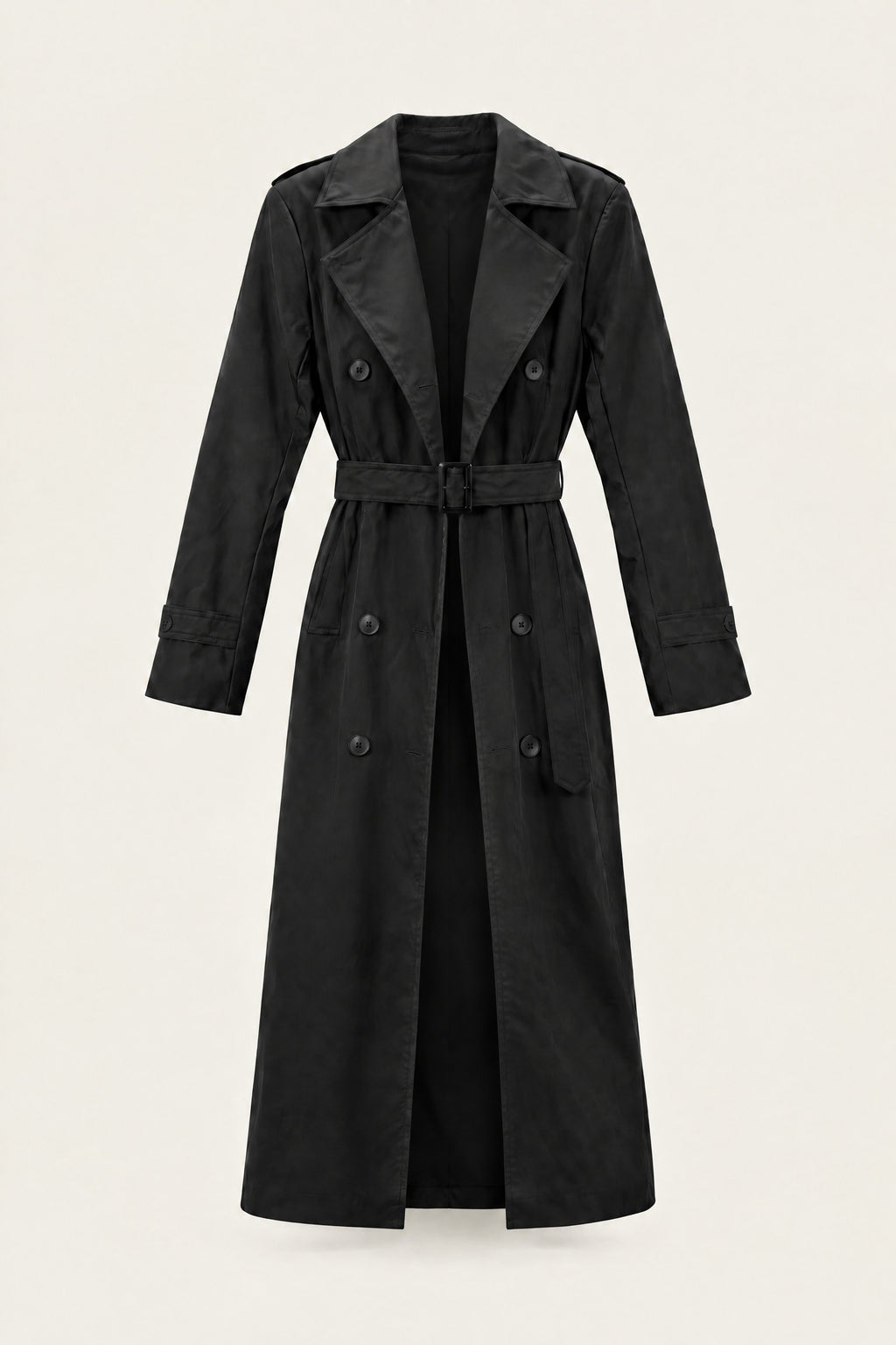 Trench long en similicuir – Noir – vue de face, ouvert – EMORA