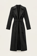 Trench long en similicuir – Noir – vue de face, ouvert – EMORA
