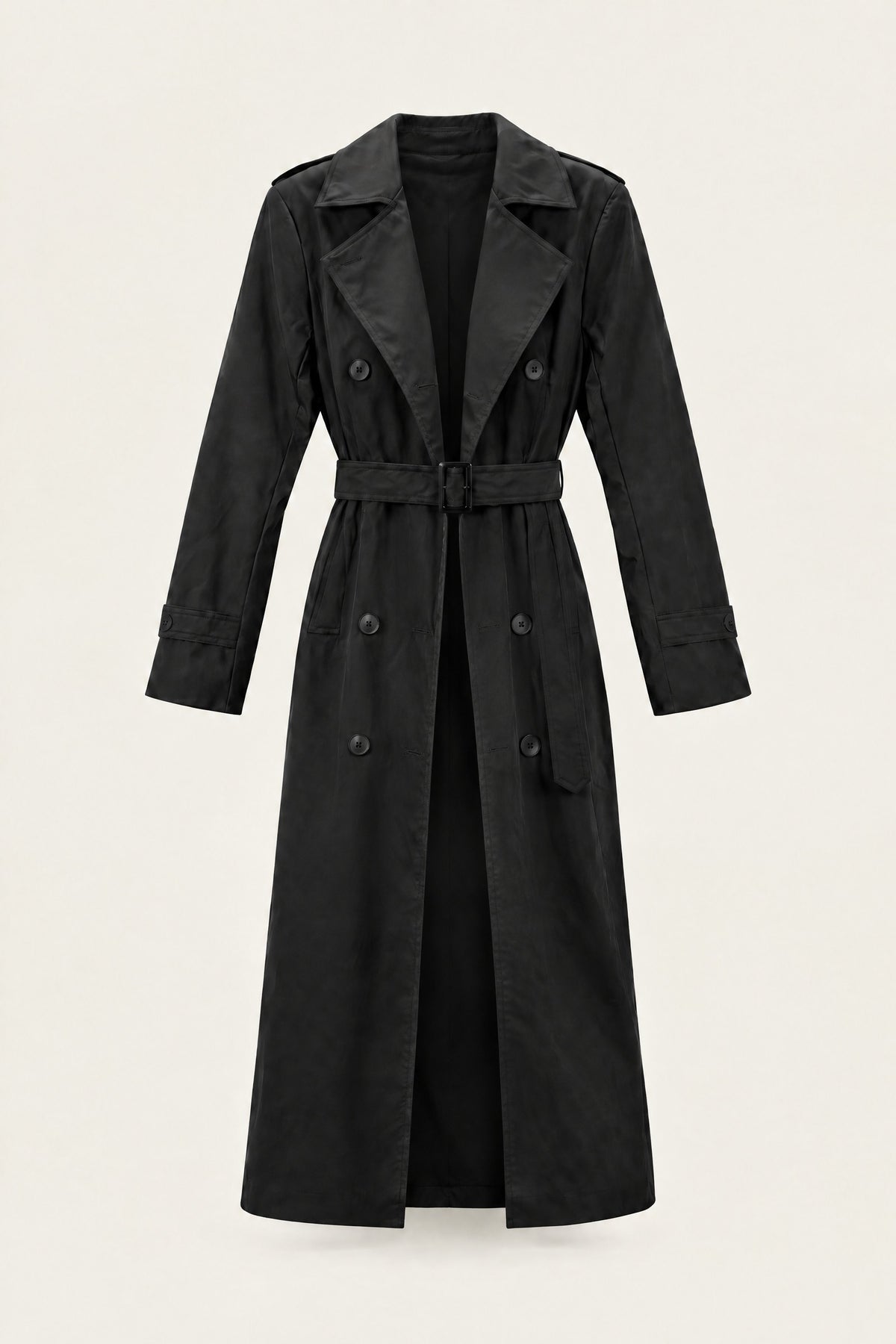 Trench long en similicuir – Noir – vue de face, ouvert – EMORA