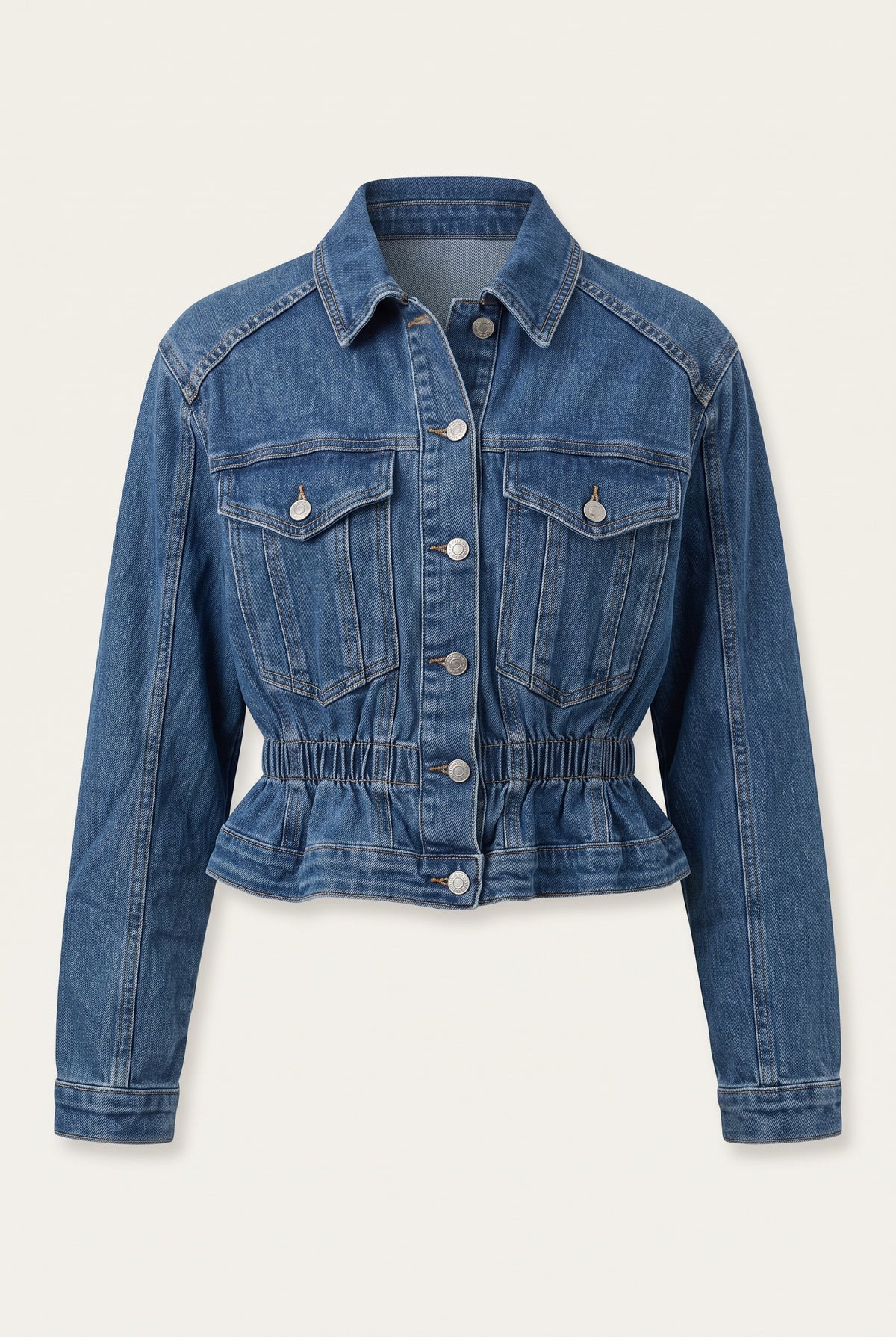 Ensemble en denim veste cintrée et jean flare – vue de face – EMORA