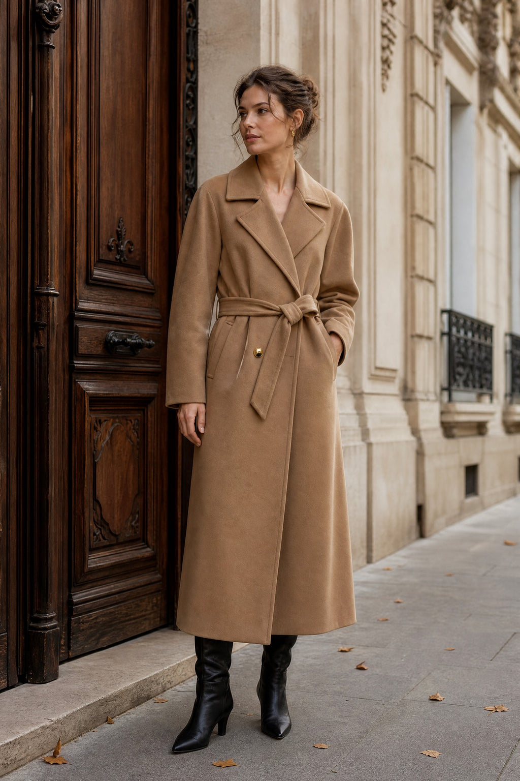 Manteau long ceinturé à revers – Camel – EMORA