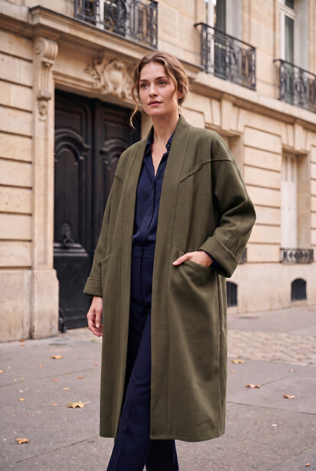 Manteau long oversize ouvert – Kaki – EMORA