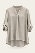Blouse fluide col V à manches retroussables – Beige – vue de face – EMORA