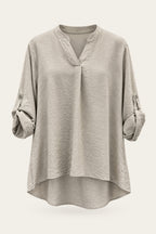 Blouse fluide col V à manches retroussables – Beige – vue de face – EMORA