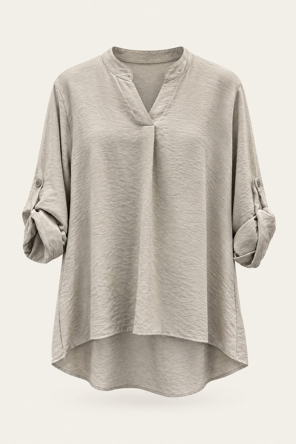 Blouse fluide col V à manches retroussables – Beige – vue de face – EMORA