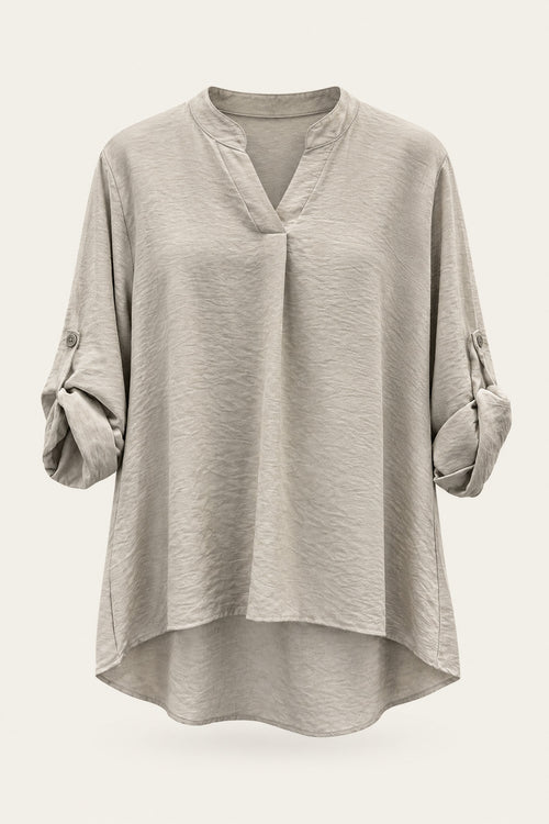 Blouse fluide col V à manches retroussables – Beige – vue de face – EMORA