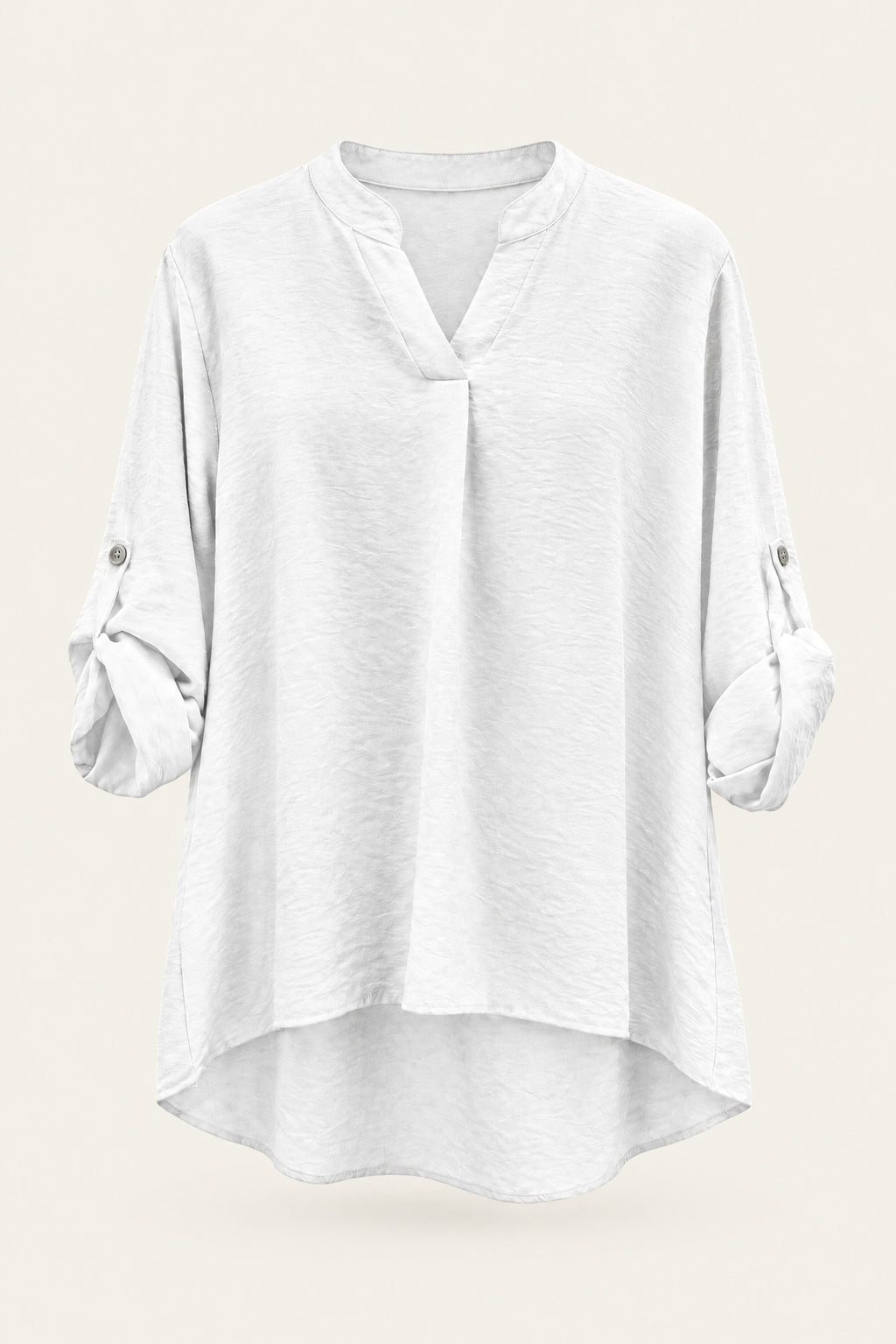 Blouse fluide col V à manches retroussables – Blanc – vue de face – EMORA