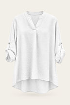 Blouse fluide col V à manches retroussables – Blanc – vue de face – EMORA