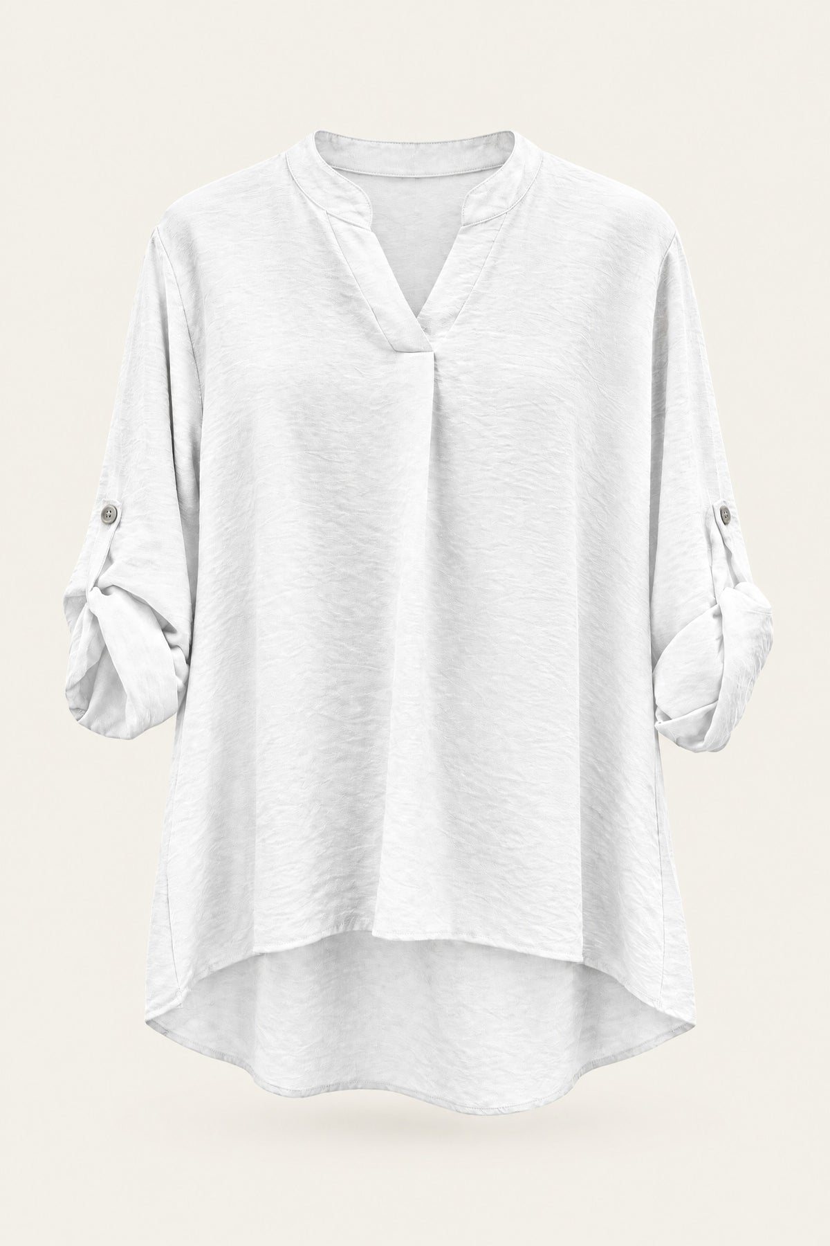 Blouse fluide col V à manches retroussables – Blanc – vue de face – EMORA