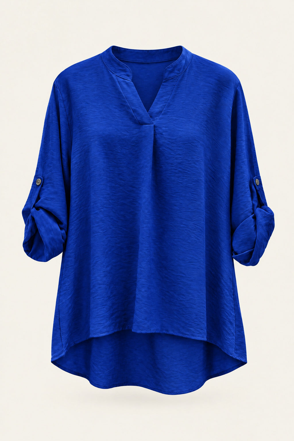 Blouse fluide col V à manches retroussables – Bleu roi – vue de face – EMORA