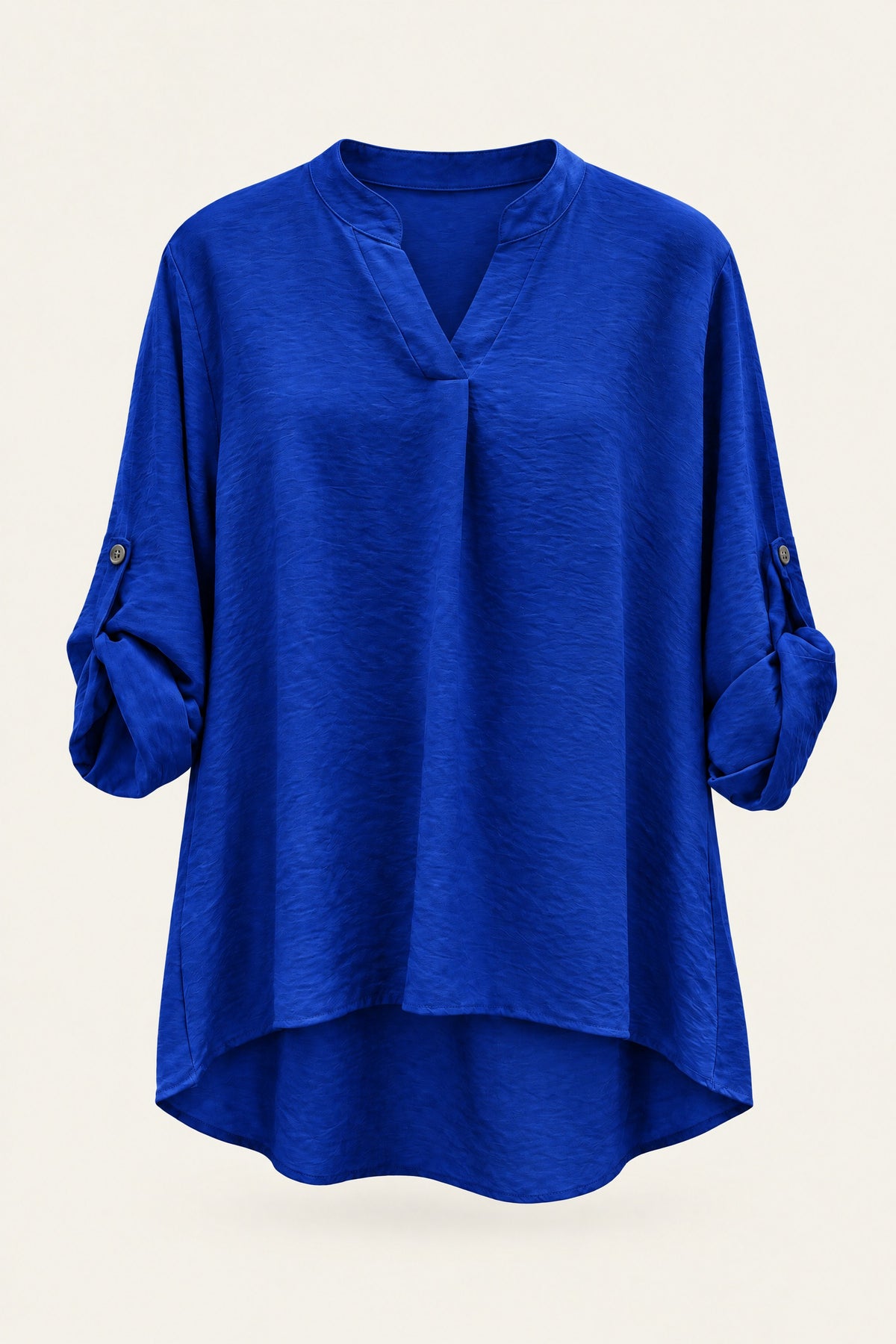 Blouse fluide col V à manches retroussables – Bleu roi – vue de face – EMORA