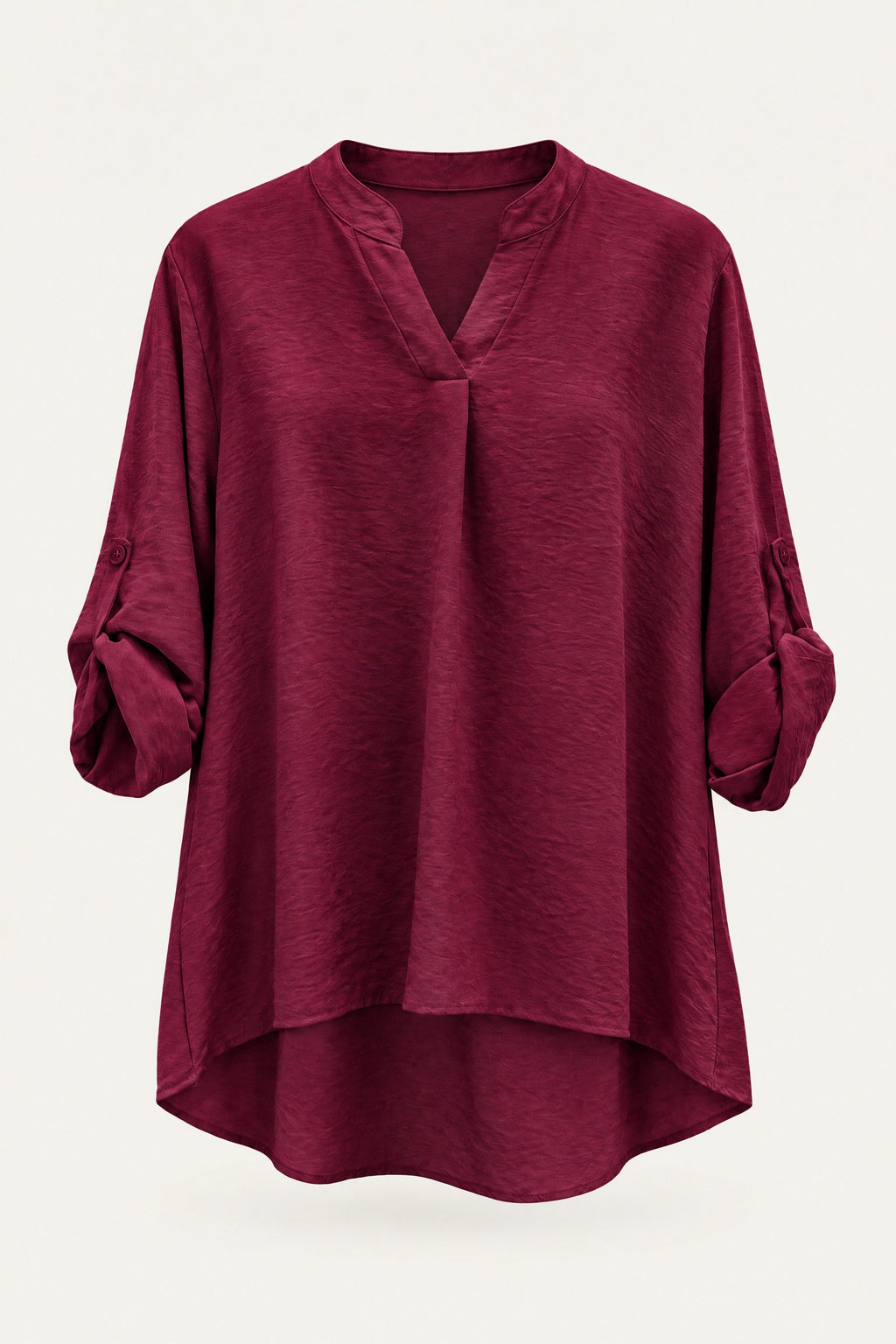 Blouse fluide col V à manches retroussables – Bordeaux – vue de face – EMORA