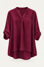 Blouse fluide col V à manches retroussables – Bordeaux – vue de face – EMORA