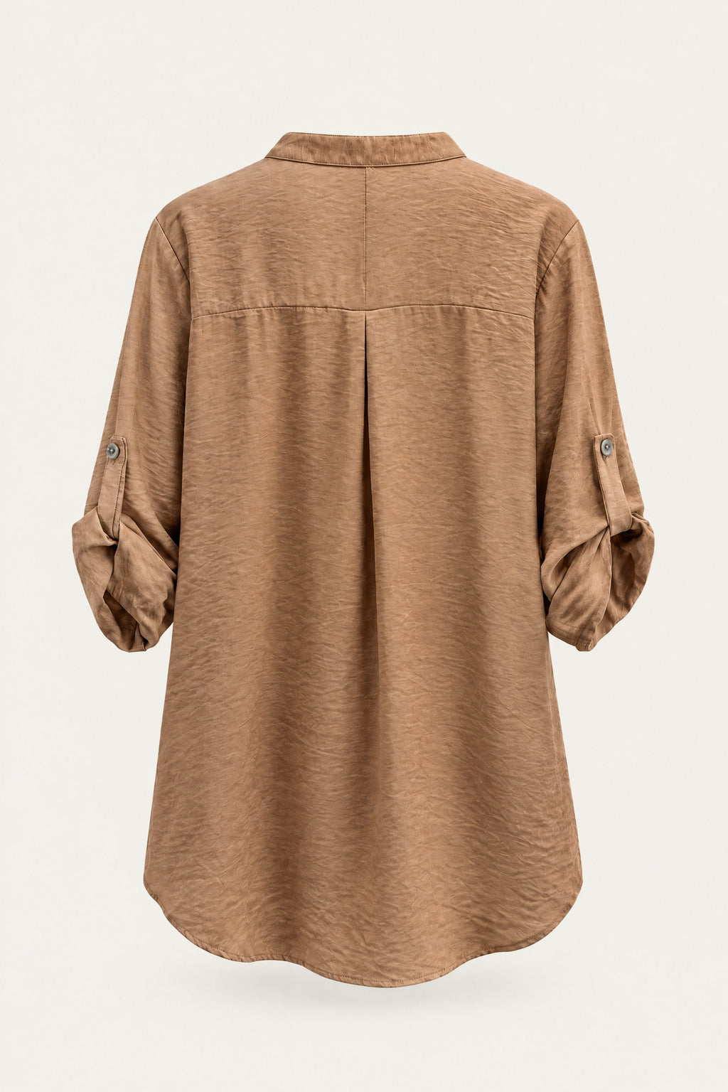 Blouse fluide col V à manches retroussables – Camel – vue de dos – EMORA