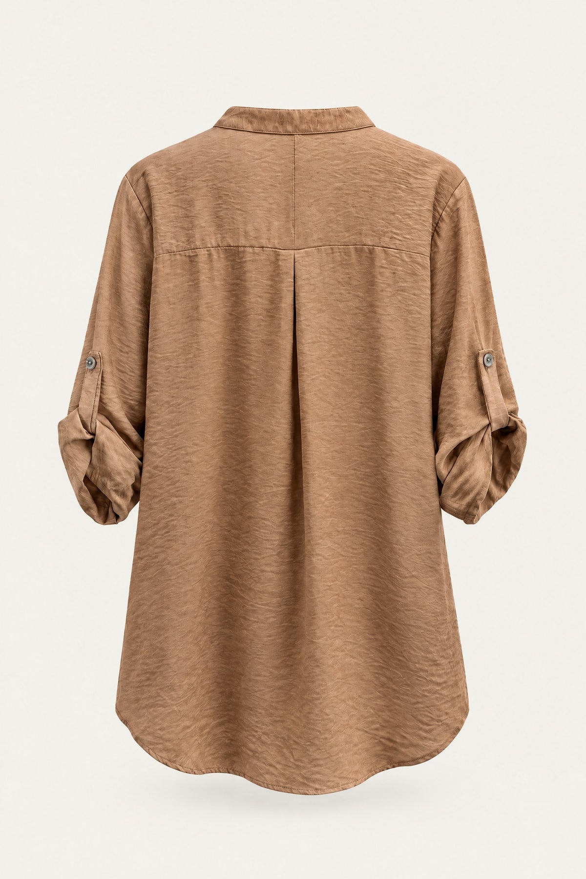 Blouse fluide col V à manches retroussables – Camel – vue de dos – EMORA