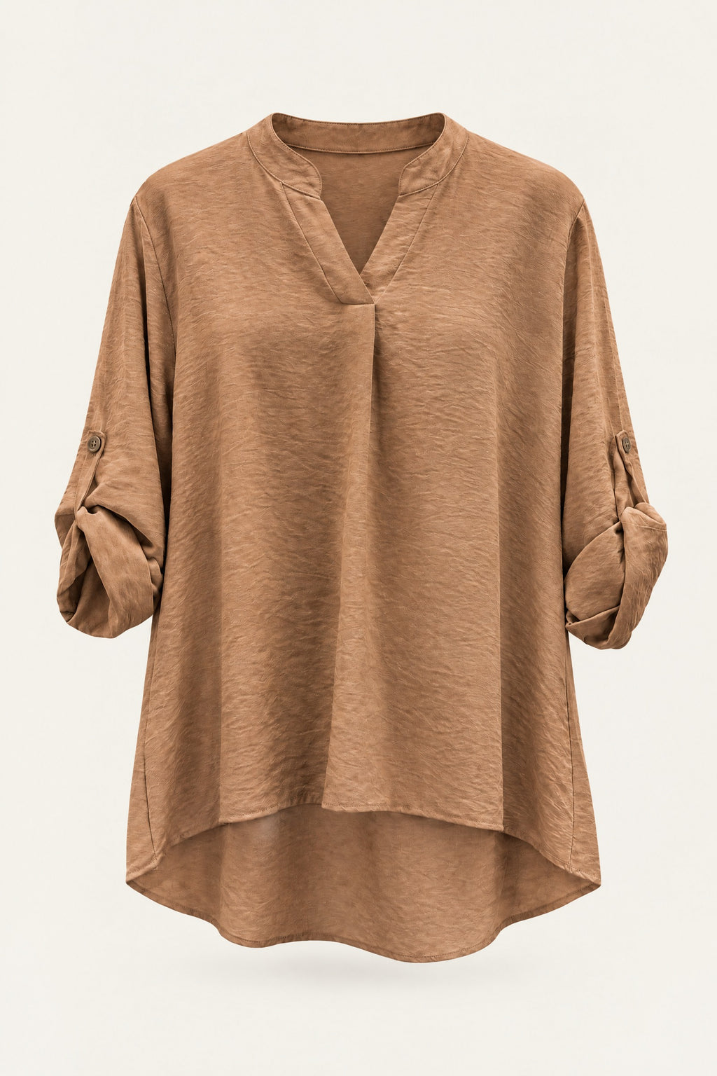 Blouse fluide col V à manches retroussables – Camel – vue de face – EMORA