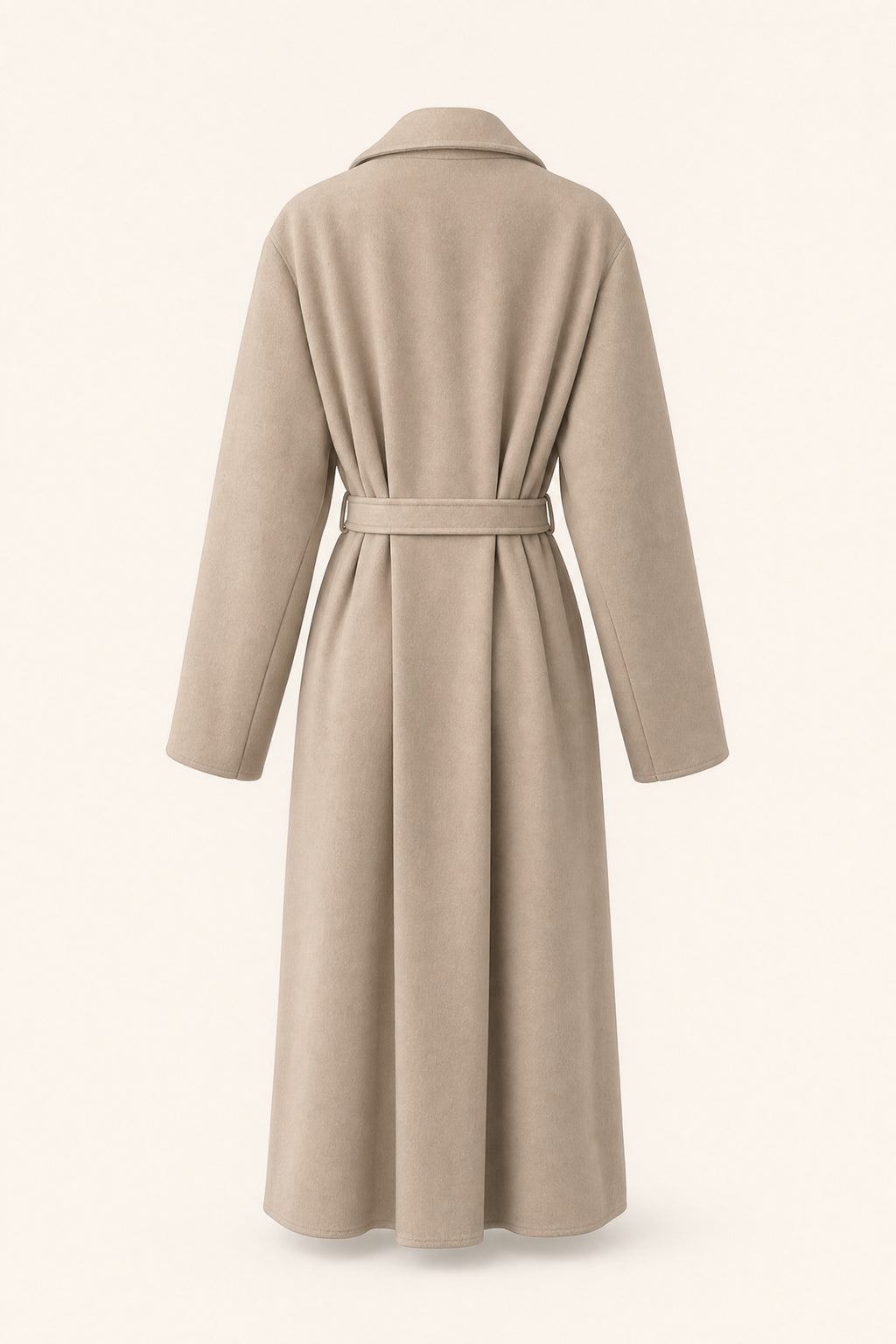 Manteau long ceinturé à revers – Beige – vue de dos – EMORA