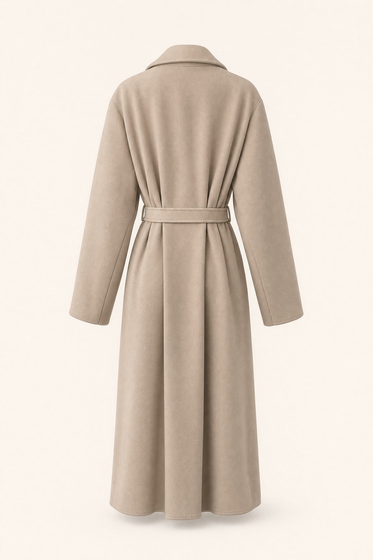 Manteau long ceinturé à revers – Beige – vue de dos – EMORA