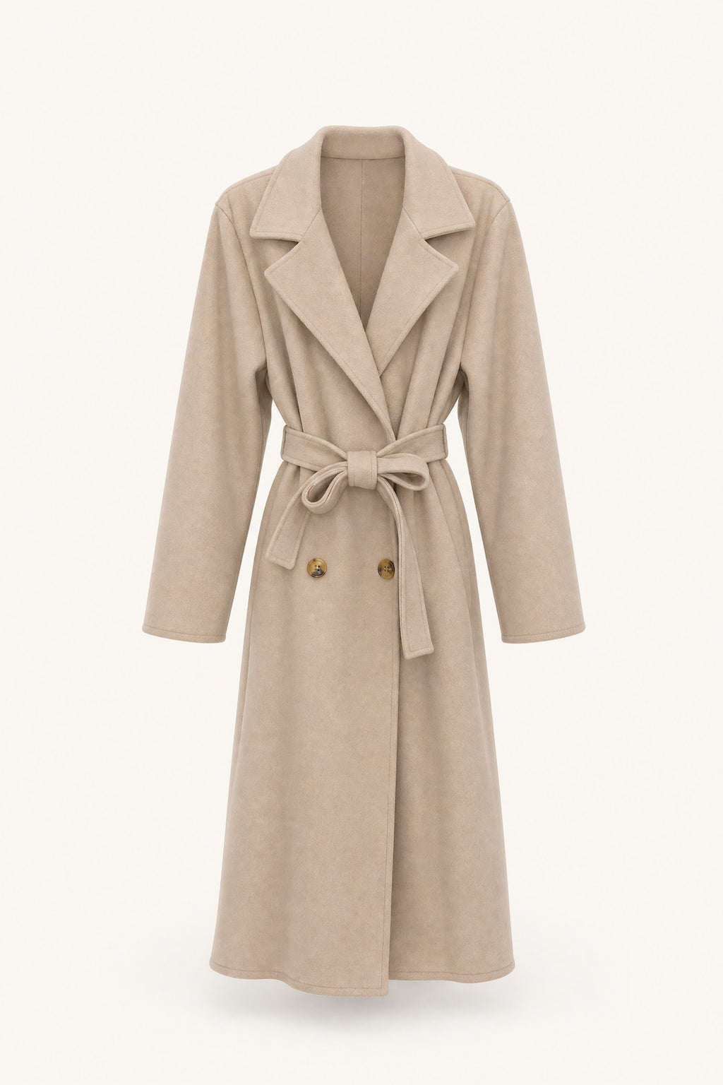Manteau long ceinturé à revers – Beige – vue de face – EMORA