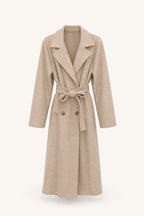 Manteau long ceinturé à revers – Beige – vue de face – EMORA