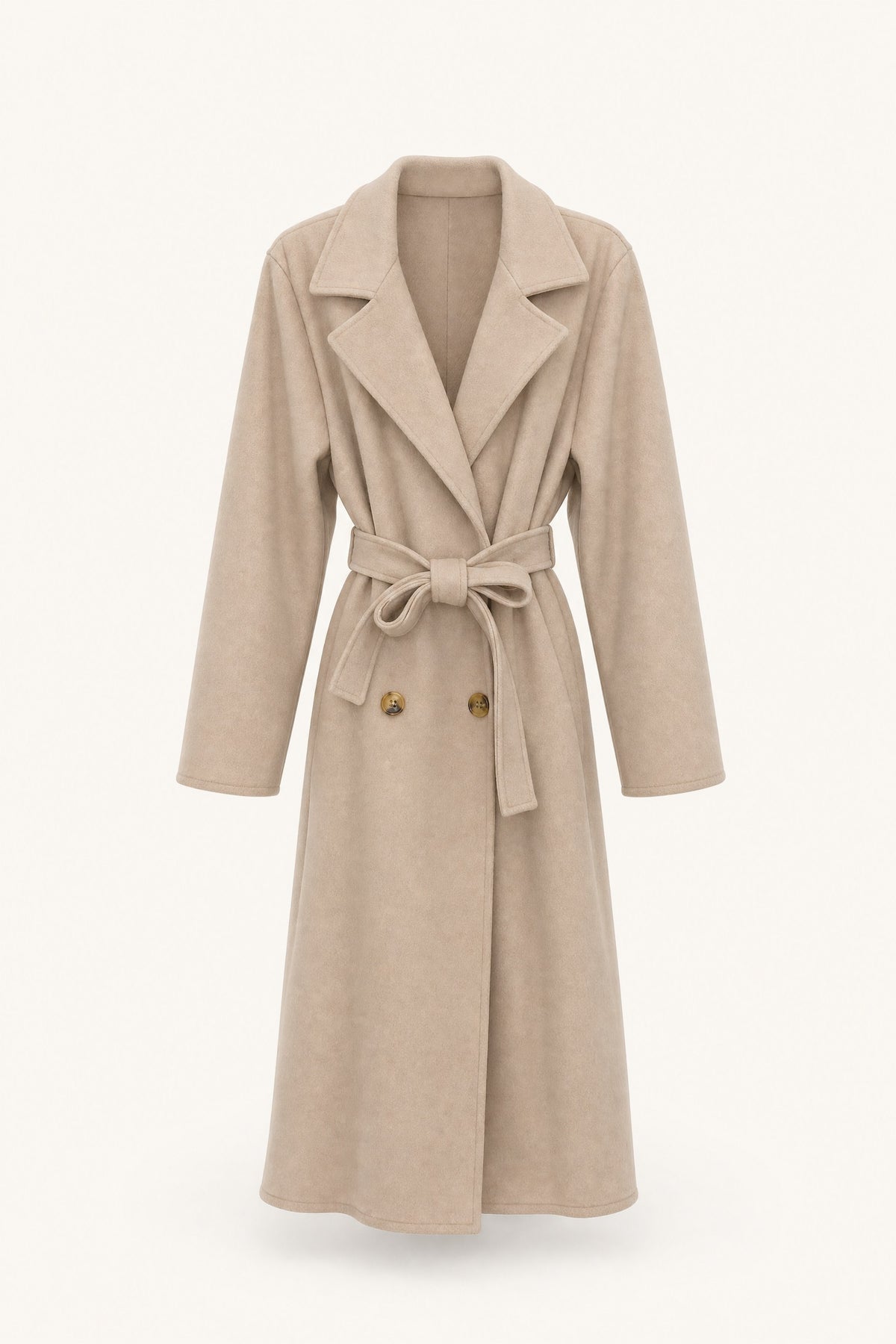 Manteau long ceinturé à revers – Beige – vue de face – EMORA