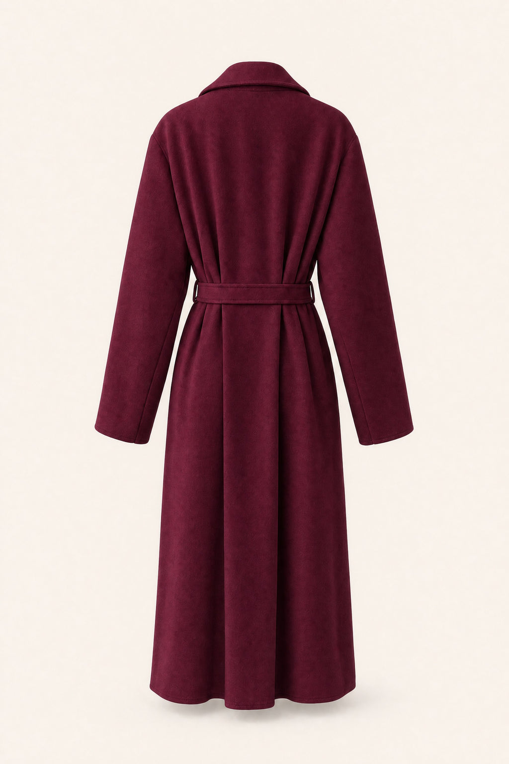 Manteau long ceinturé à revers – Bordeaux – vue de dos – EMORA