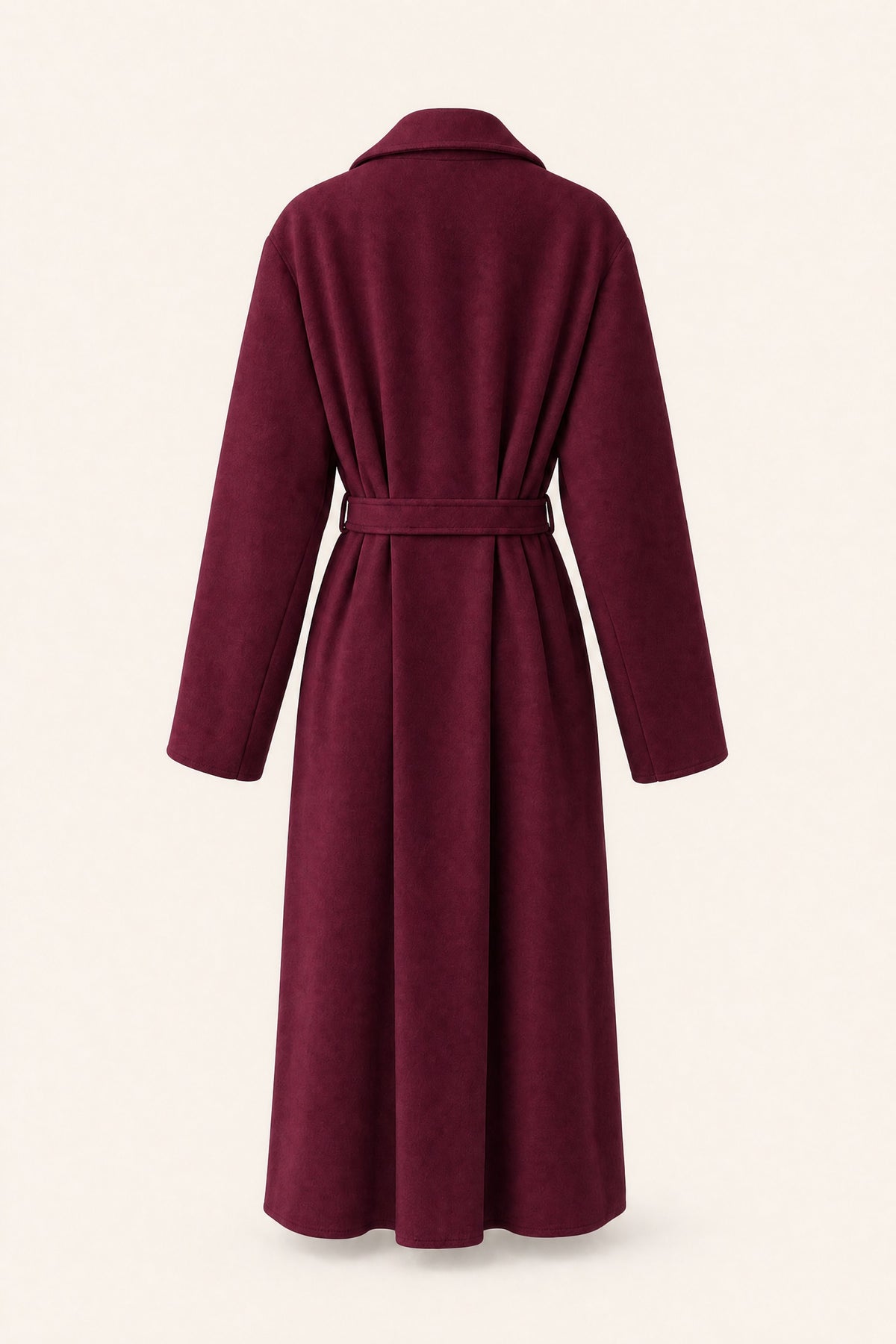 Manteau long ceinturé à revers – Bordeaux – vue de dos – EMORA