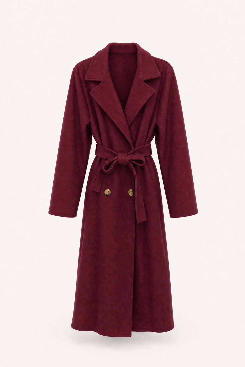 Manteau long ceinturé à revers – Bordeaux – vue de face – EMORA