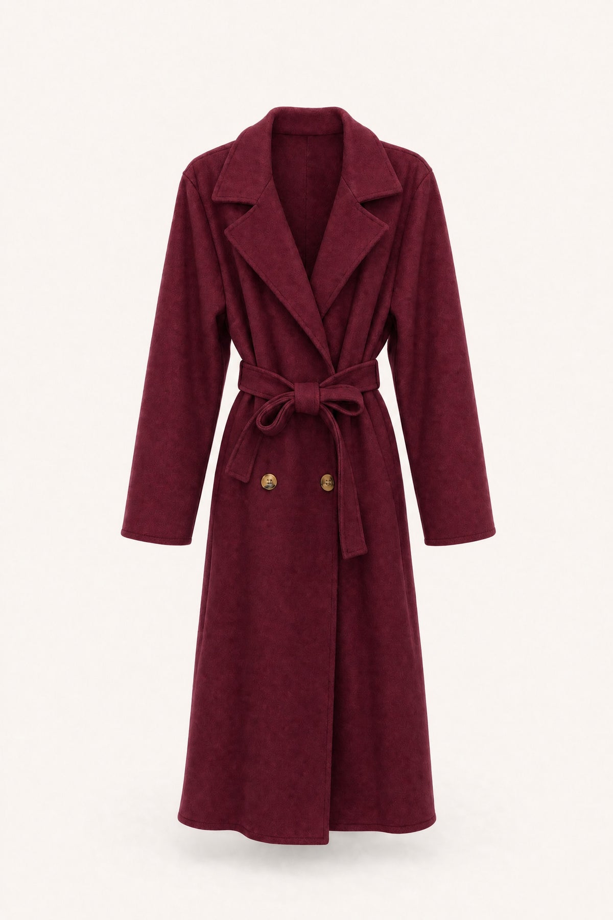 Manteau long ceinturé à revers – Bordeaux – vue de face – EMORA