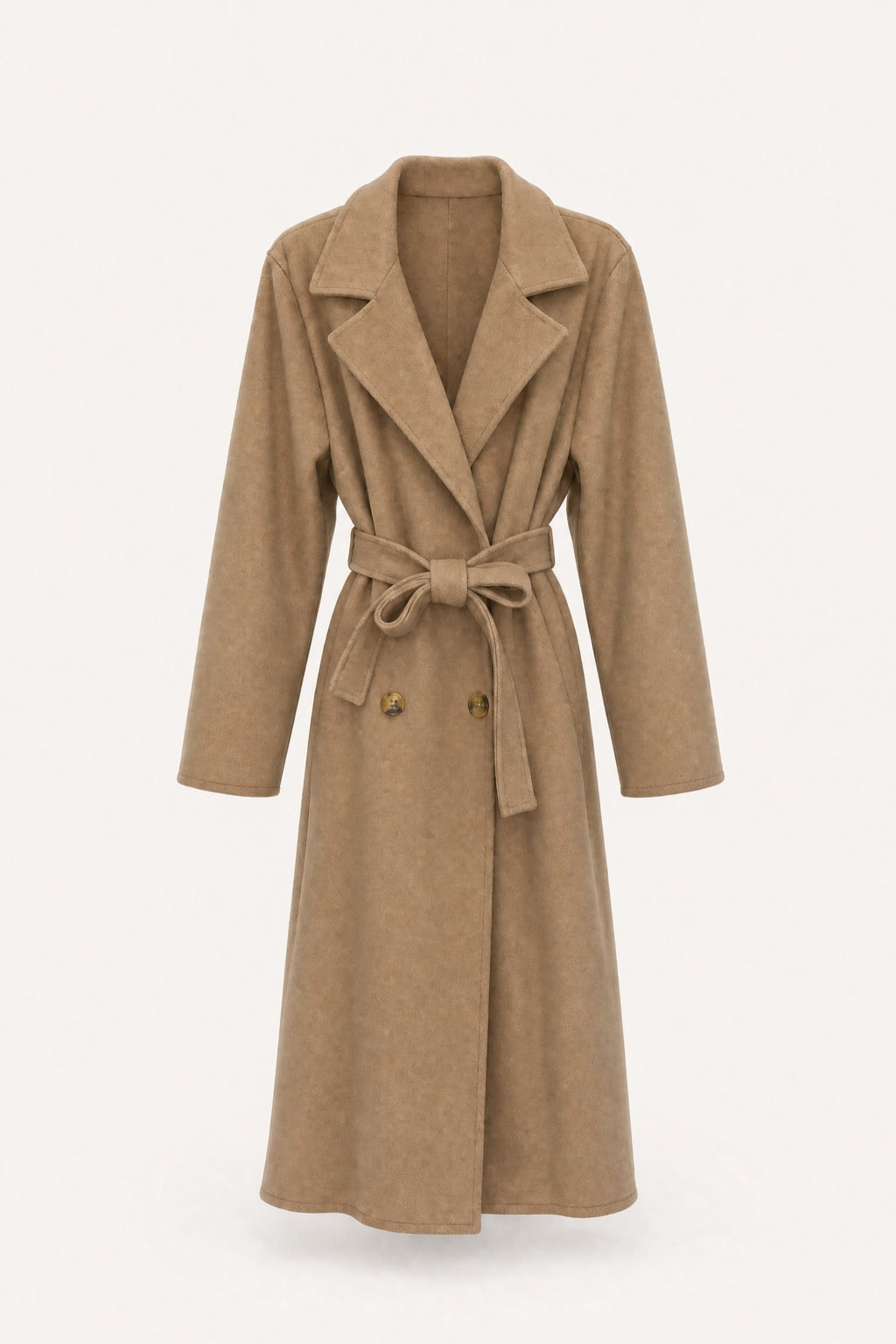 Manteau long ceinturé à revers – Camel – vue de face – EMORA
