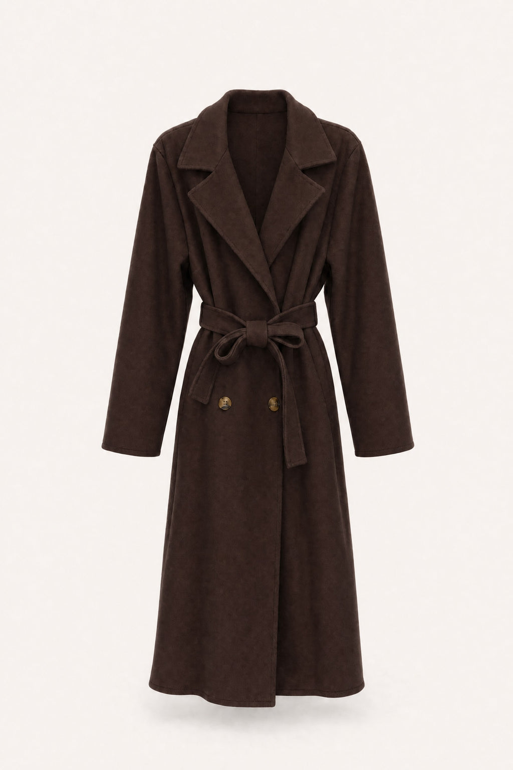 Manteau long ceinturé à revers – Chocolat – vue de face – EMORA