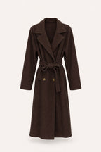 Manteau long ceinturé à revers – Chocolat – vue de face – EMORA