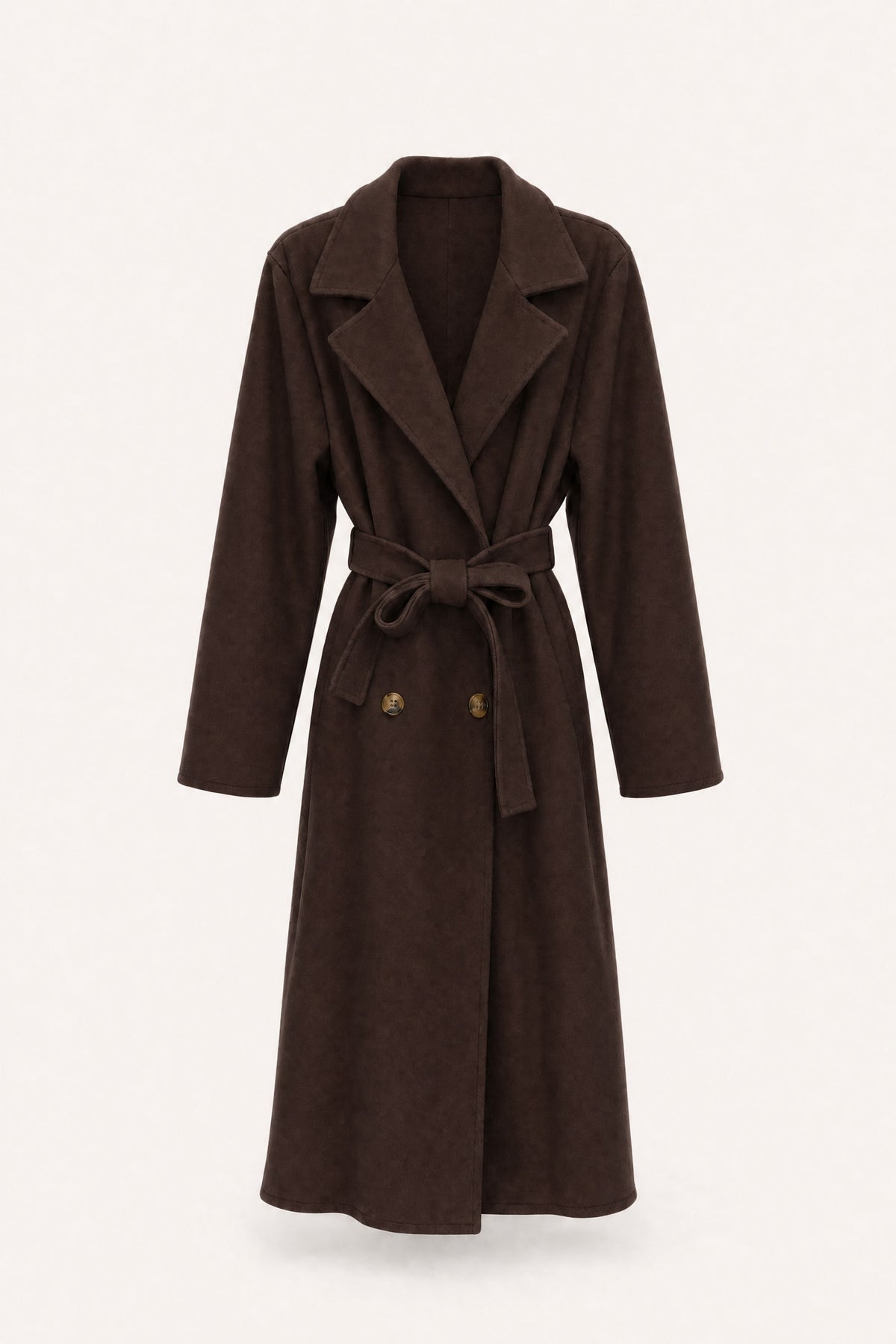 Manteau long ceinturé à revers – Chocolat – vue de face – EMORA