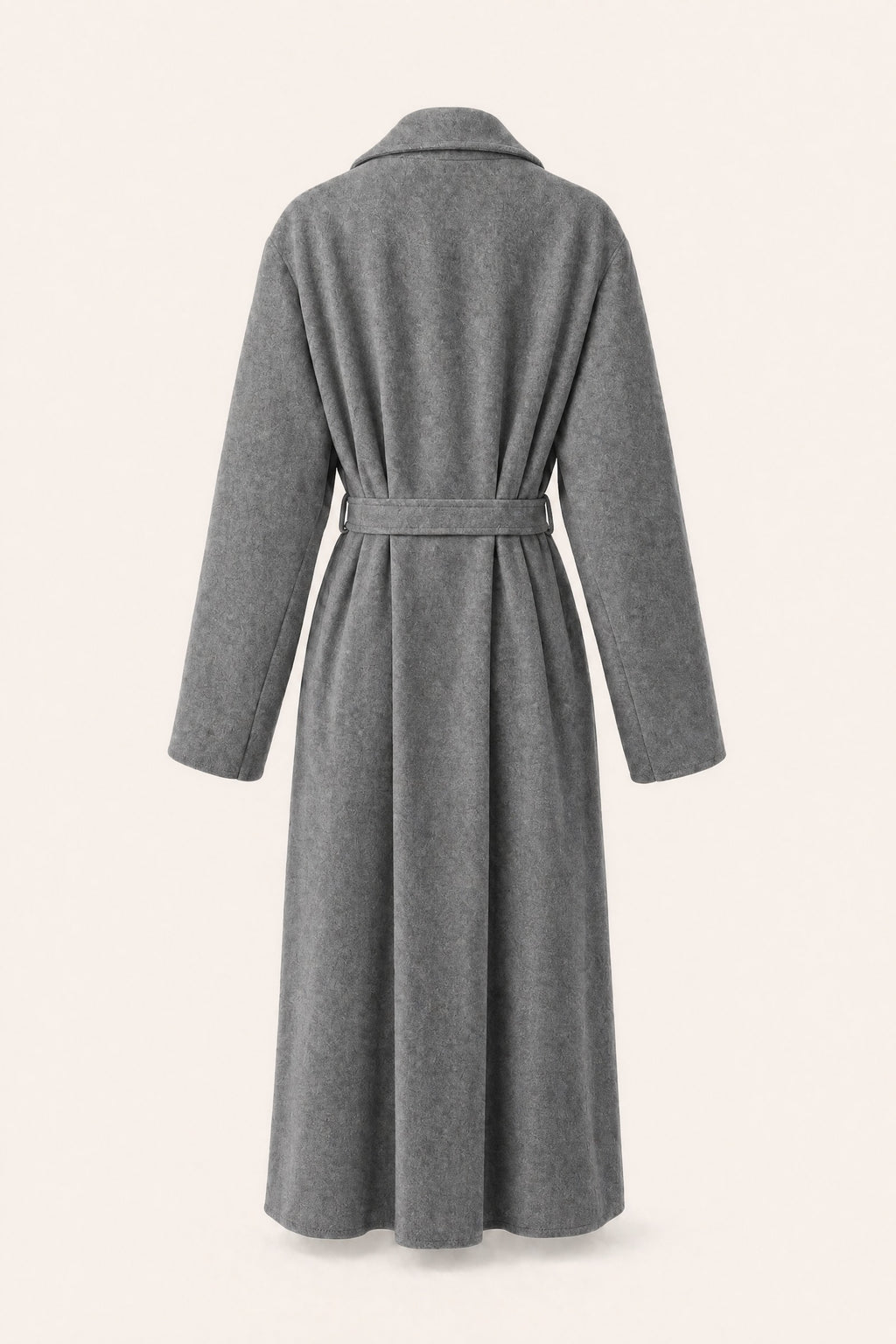 Manteau long ceinturé à revers – Gris – vue de dos – EMORA