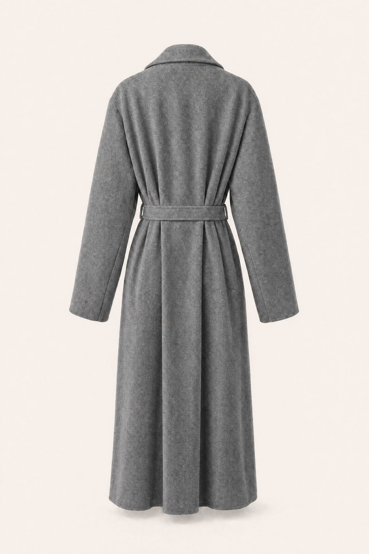 Manteau long ceinturé à revers – Gris – vue de dos – EMORA