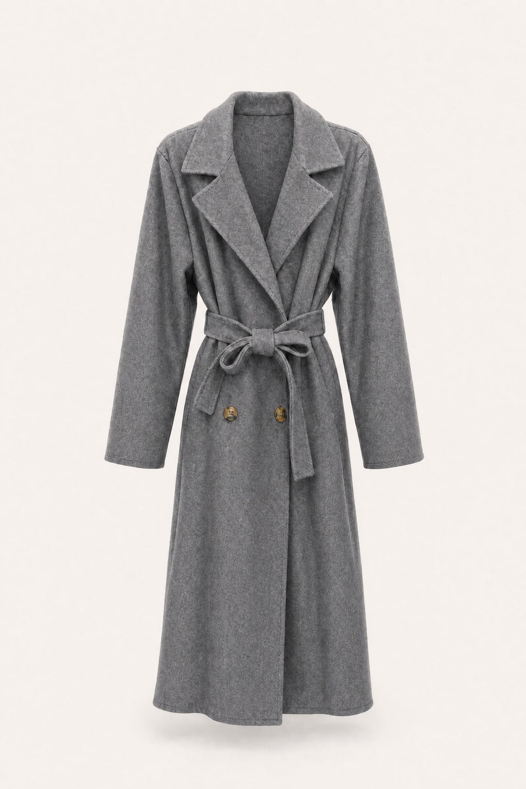 Manteau long ceinturé à revers – Gris – vue de face – EMORA