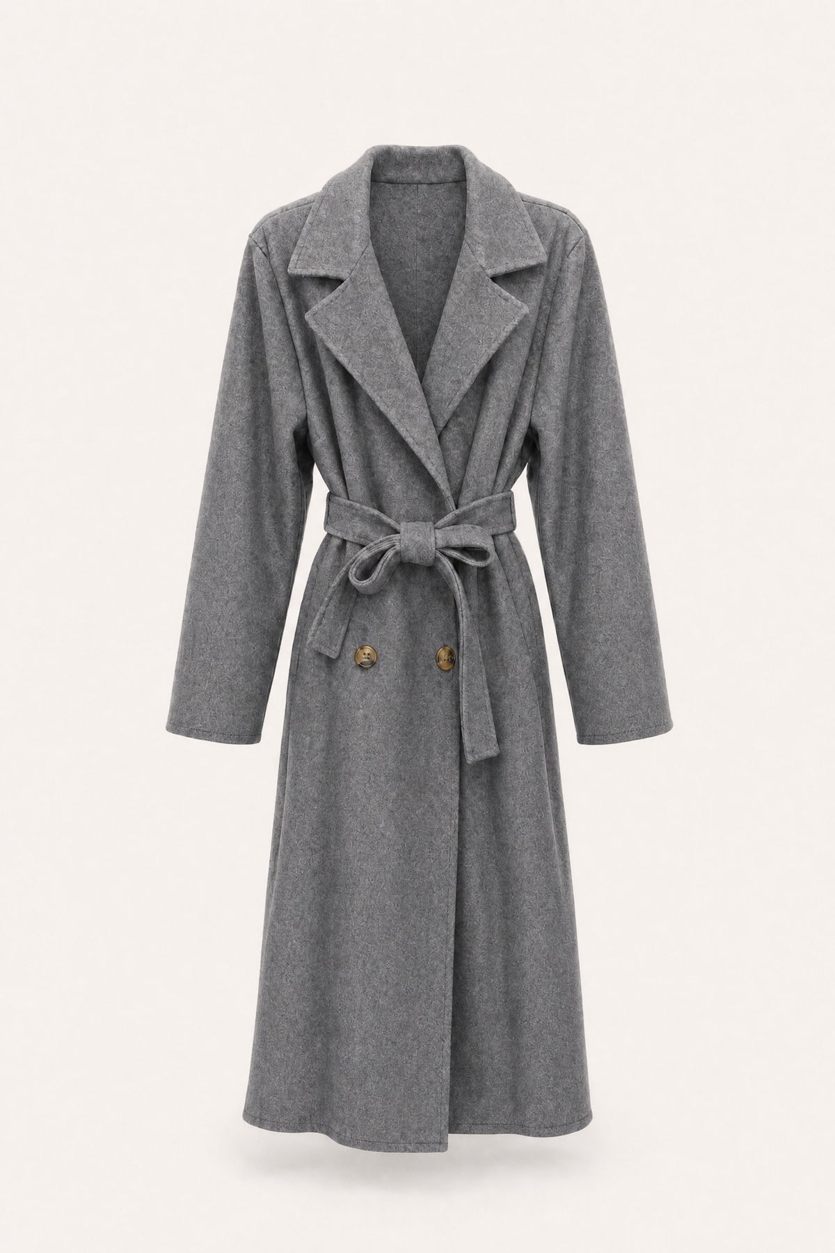 Manteau long ceinturé à revers – Gris – vue de face – EMORA