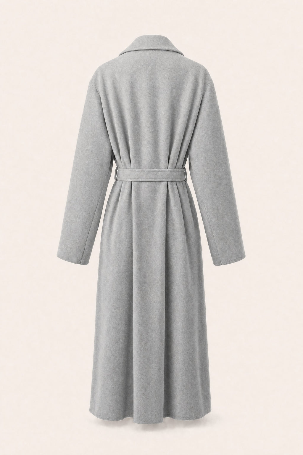 Manteau long ceinturé à revers – Gris clair – vue de dos – EMORA