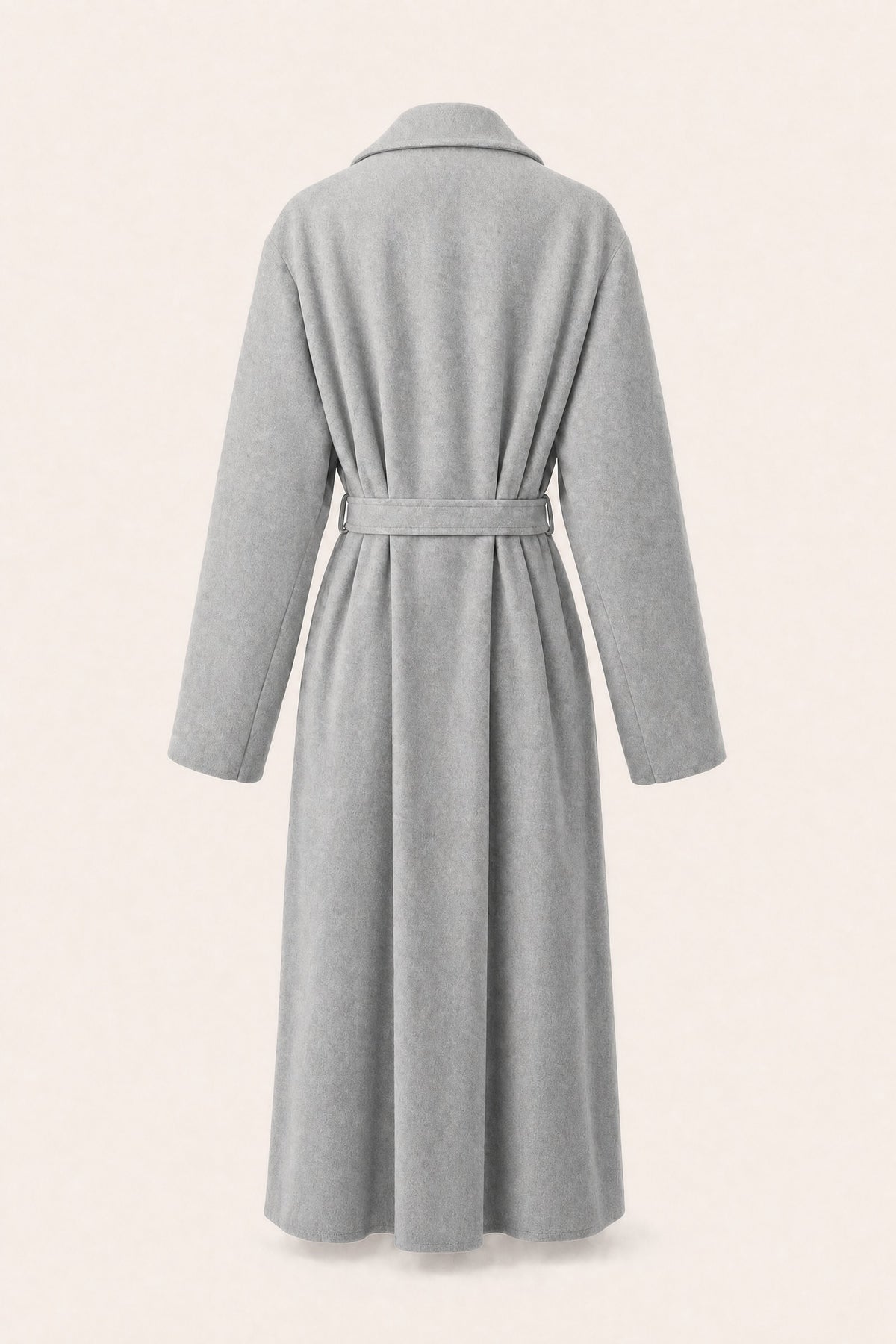 Manteau long ceinturé à revers – Gris clair – vue de dos – EMORA
