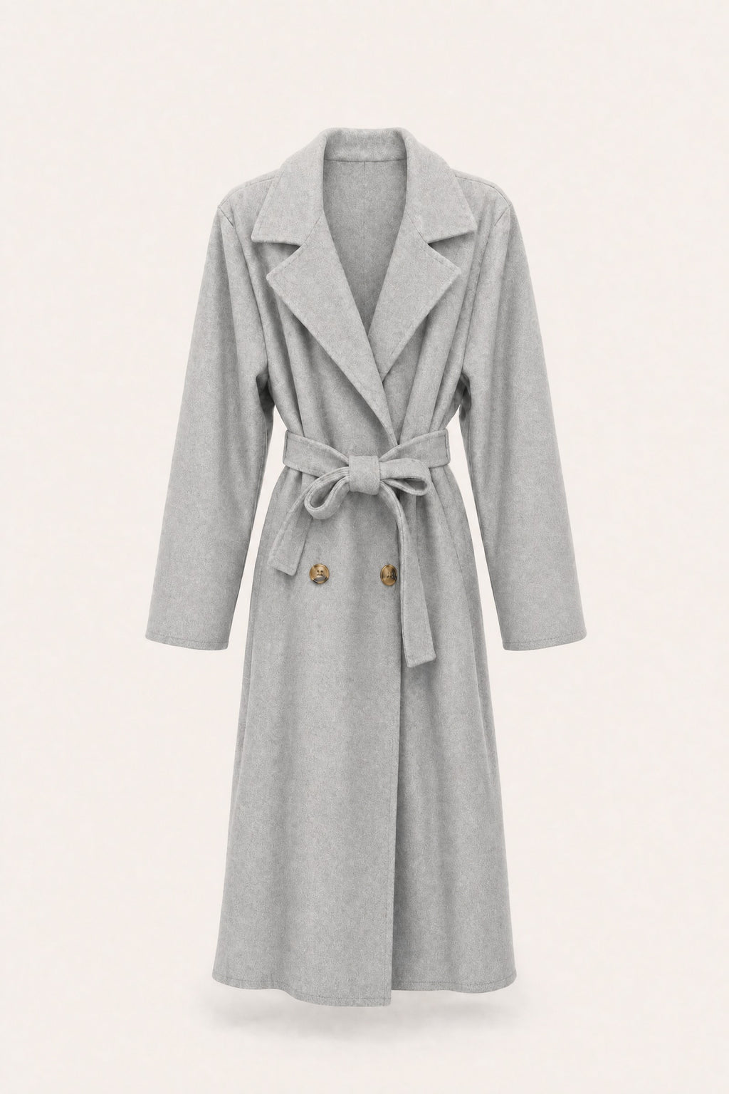 Manteau long ceinturé à revers – Gris clair – vue de face – EMORA