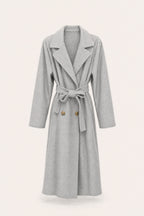 Manteau long ceinturé à revers – Gris clair – vue de face – EMORA