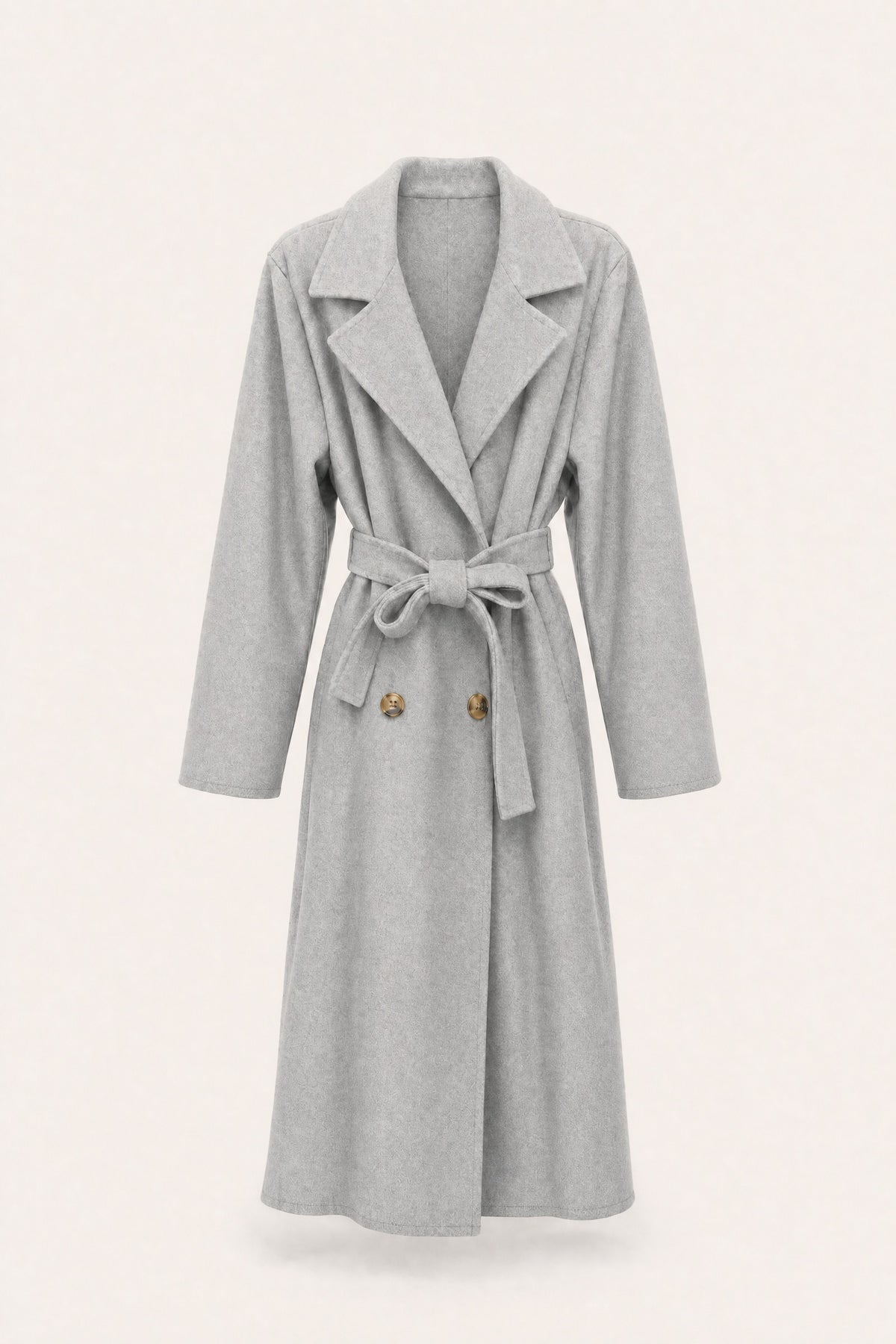 Manteau long ceinturé à revers – Gris clair – vue de face – EMORA