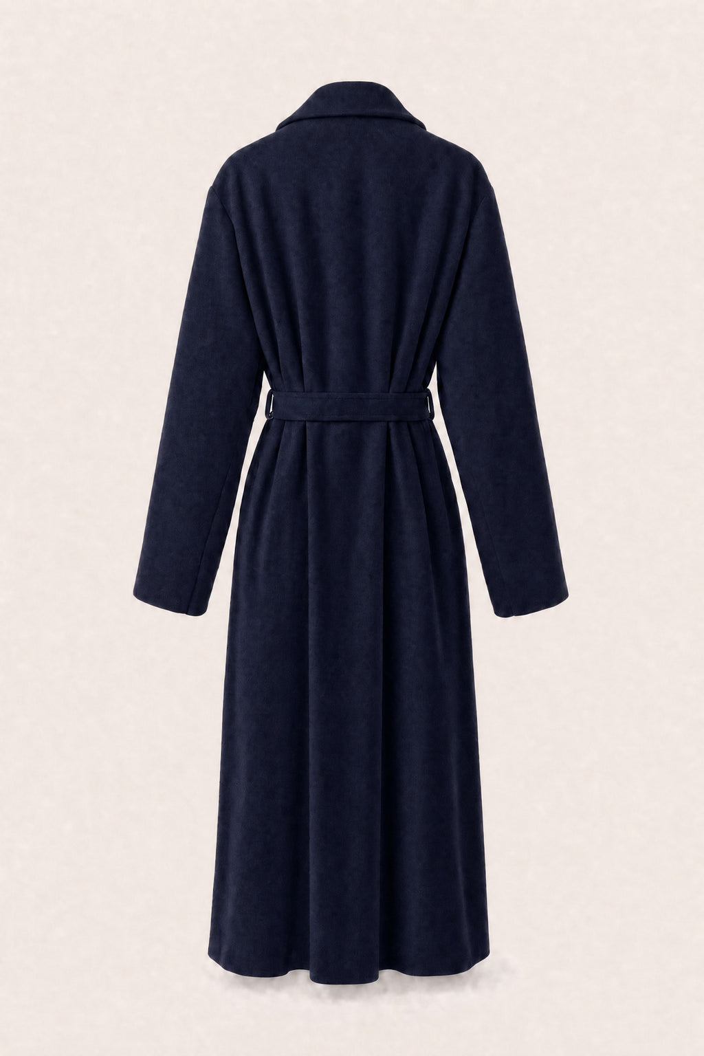 Manteau long ceinturé à revers – Marine – vue de dos – EMORA