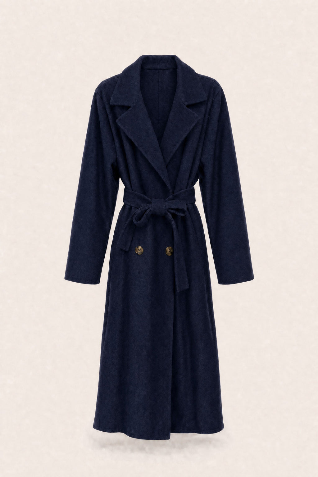 Manteau long ceinturé à revers – Marine – vue de face – EMORA