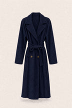Manteau long ceinturé à revers – Marine – vue de face – EMORA