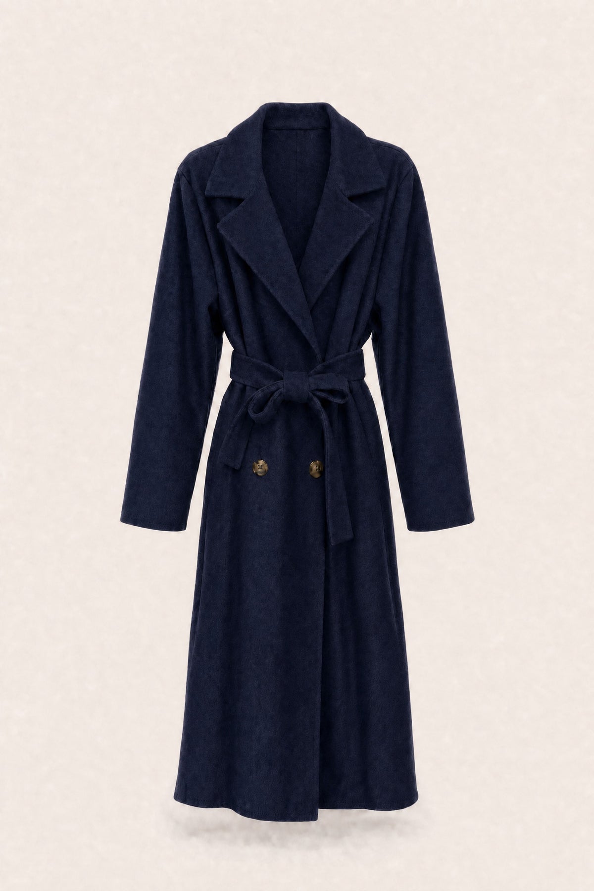 Manteau long ceinturé à revers – Marine – vue de face – EMORA