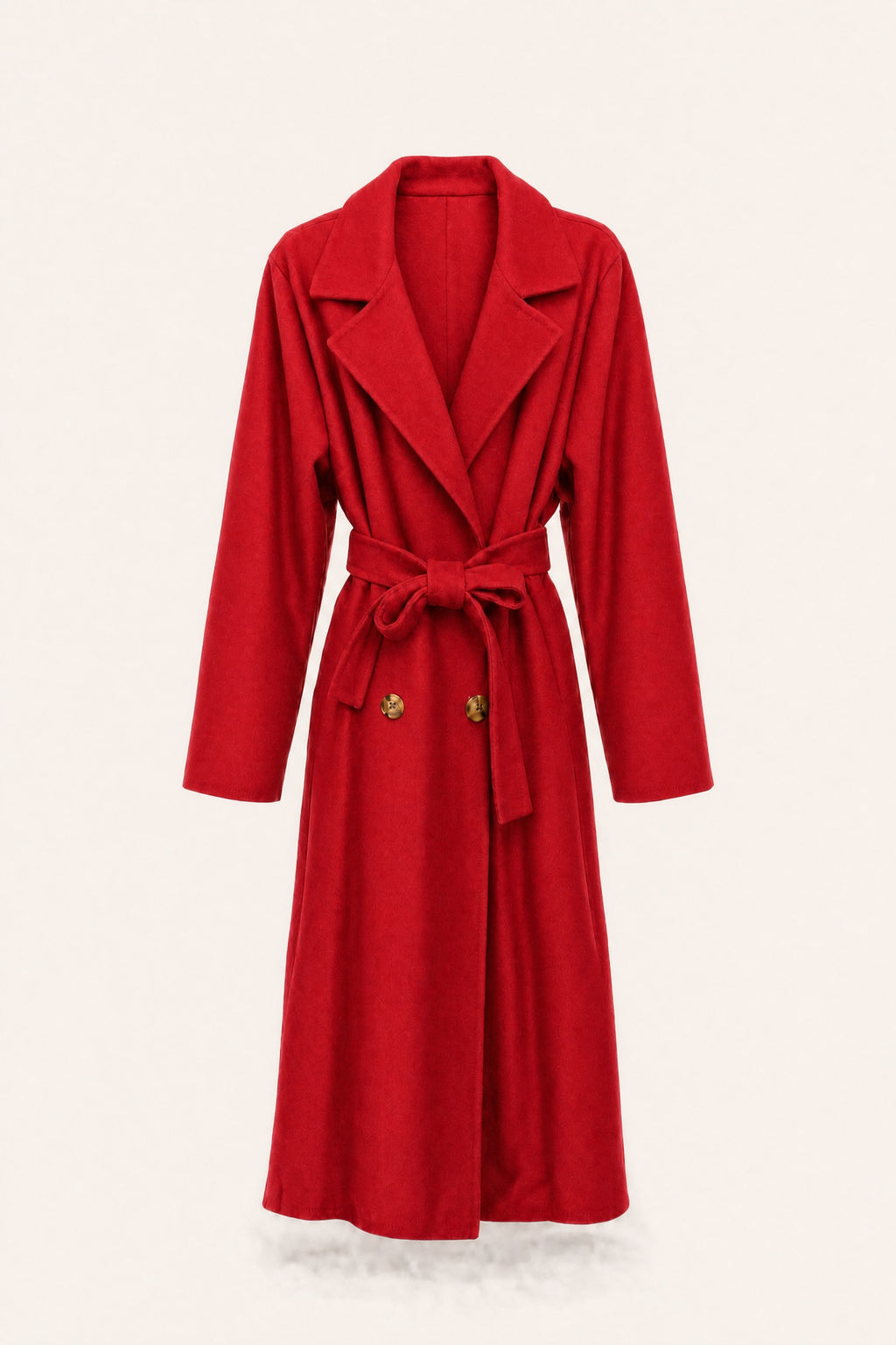 Manteau long ceinturé à revers – Rouge – vue de face – EMORA