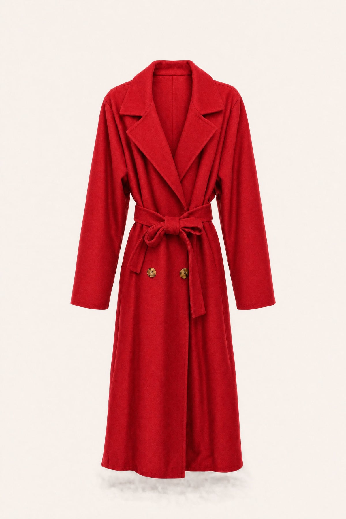 Manteau long ceinturé à revers – Rouge – vue de face – EMORA